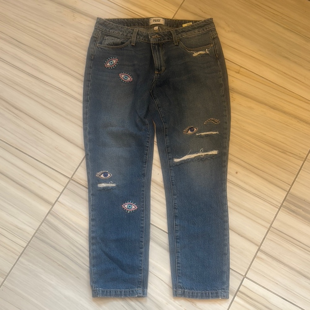 PAIGE Blue Ankle Cropped Jeans with Distressed Details